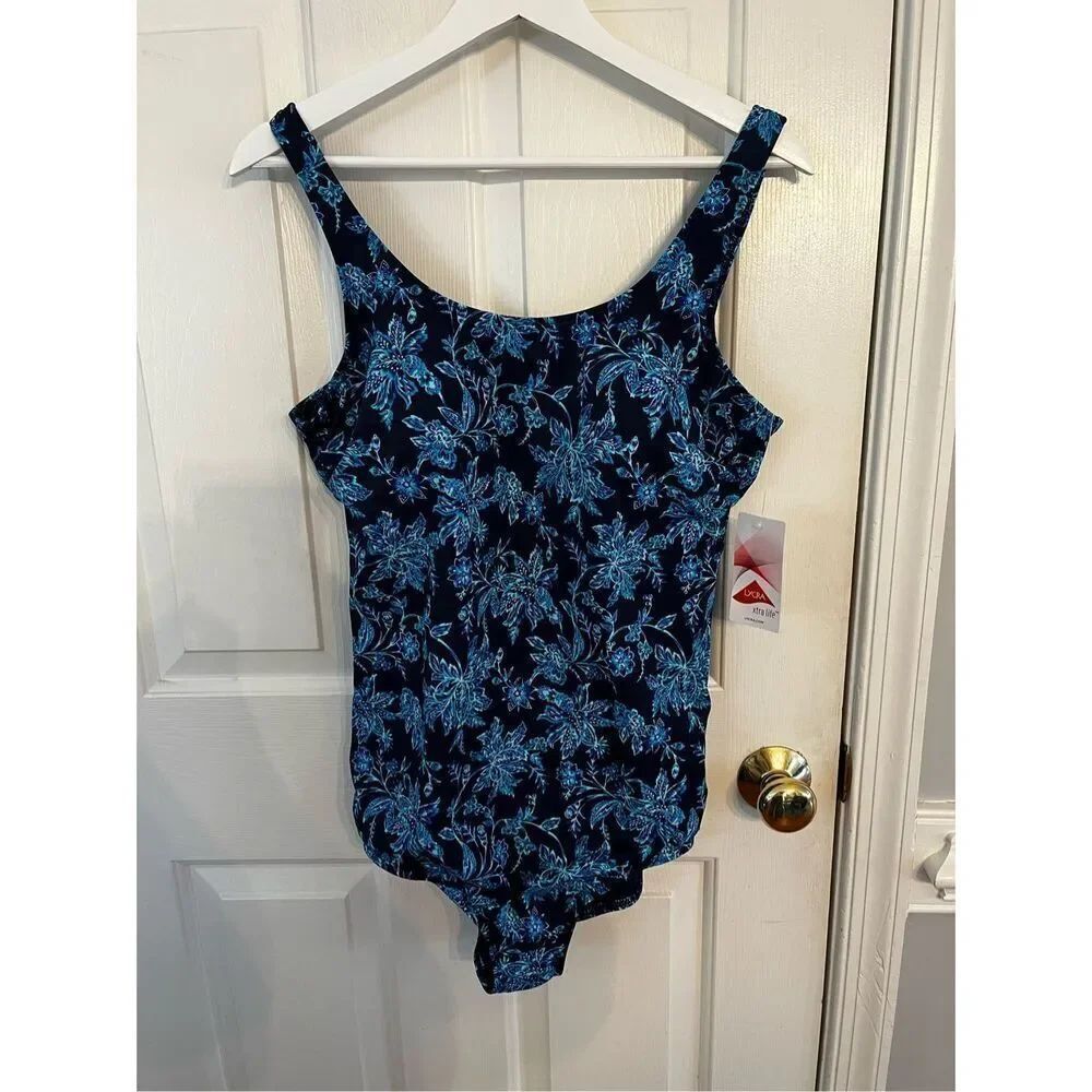 Lands End Navy Floral Print One Piece Swimsuit sz 18 NWT